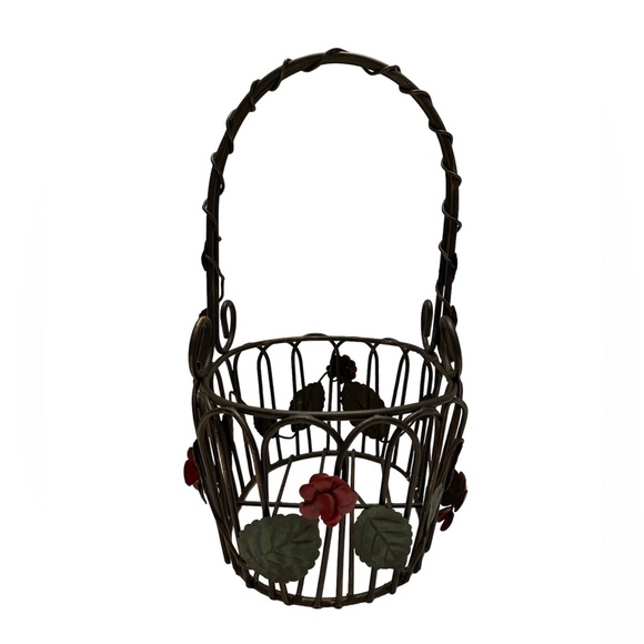 Artistic Metal Work Basket With Rose Appliqué 6” x 4.5” x 10” High MCM Vintage - Picture 2 of 5